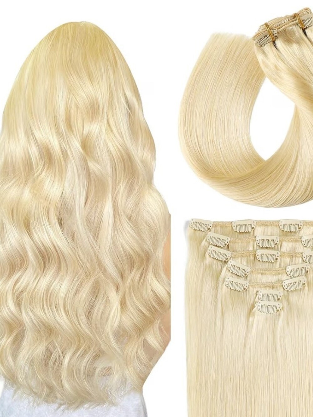 Remy Human Hair Clip in Extensions 7 Piece Double Weft 12" Bleach Blonde 70G